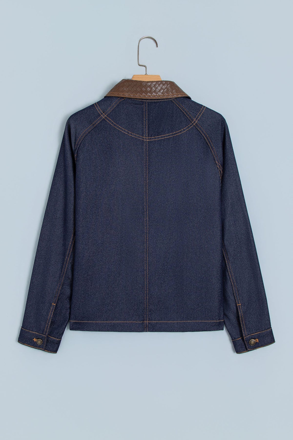 Faux Leather Collar Buttoned Denim Jacket
