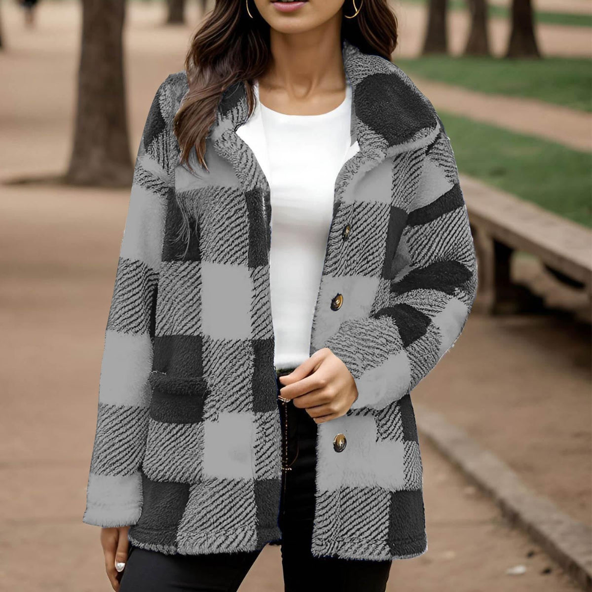Women's Plaid Button-Front Coat with Pockets
