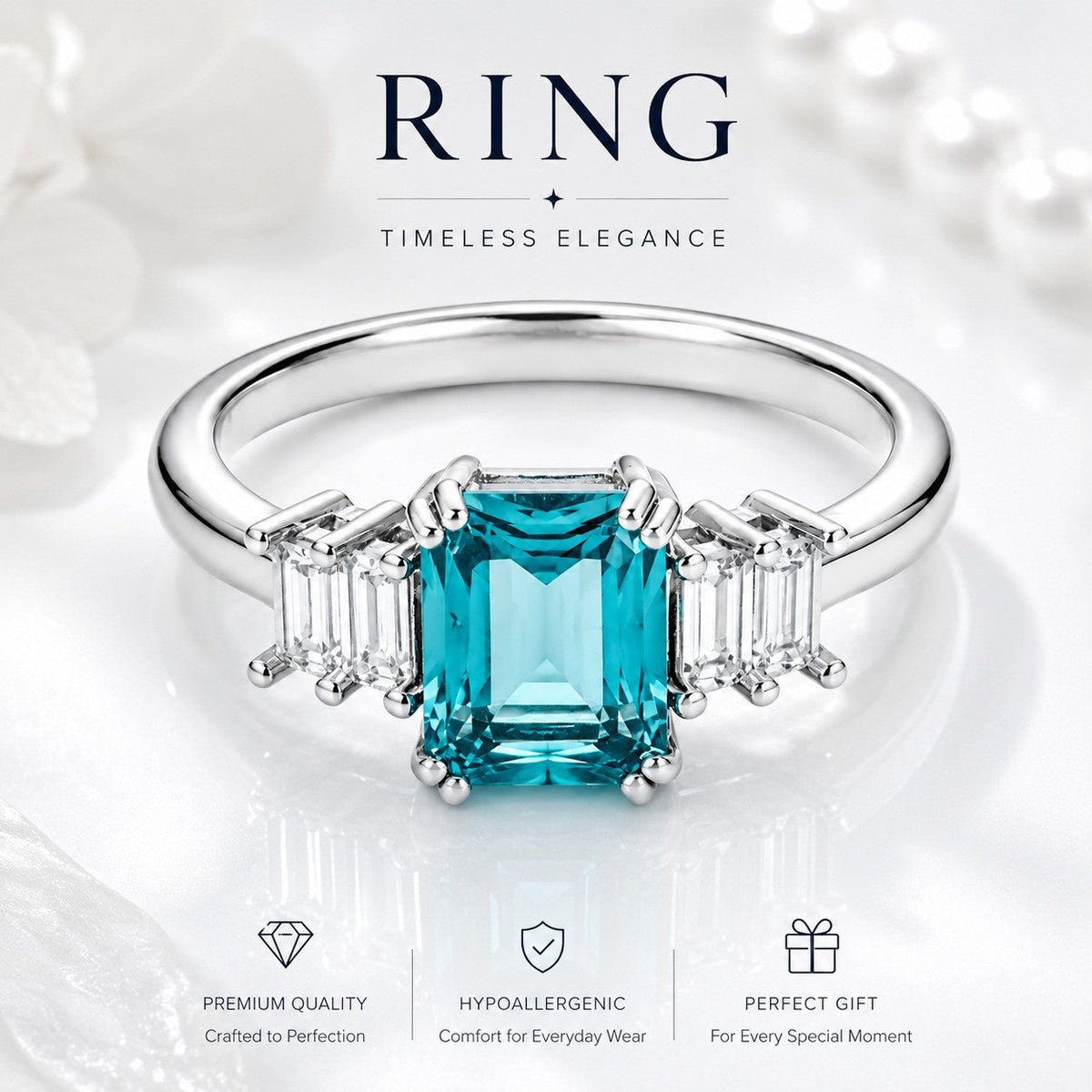 Copper Inlaid Simulated Sea Blue Zircon Ring for Women