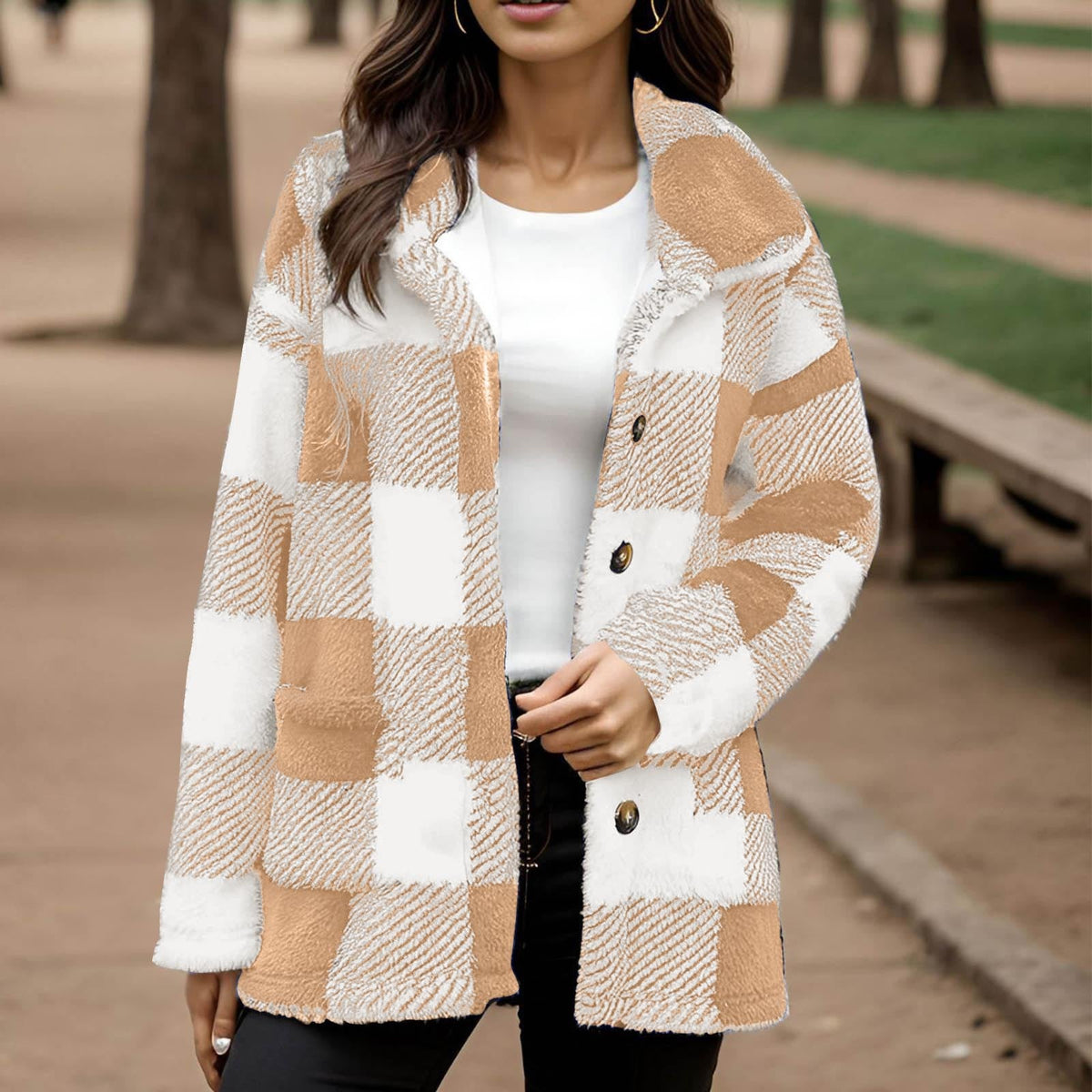 Women's Plaid Button-Front Coat with Pockets