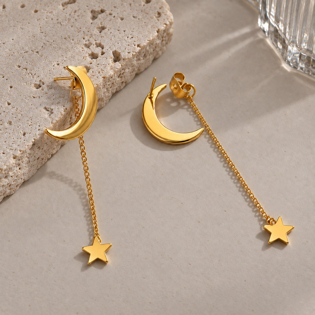 Stainless Steel Tassel Earrings for Women, Star Moon Stud Earrings