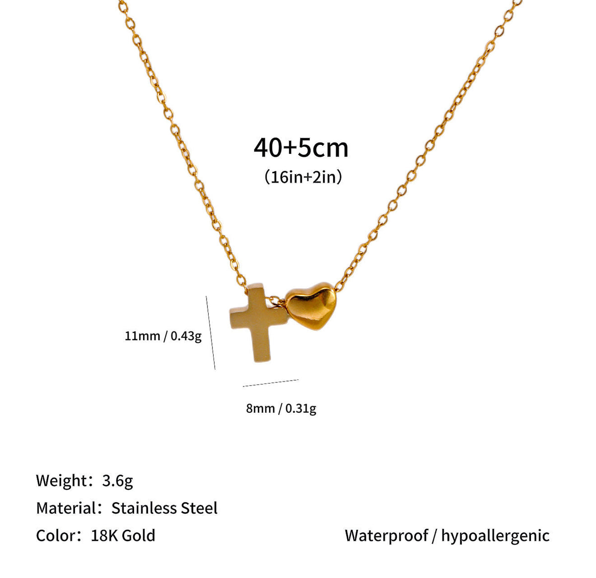 18K Gold Stainless Steel Clavicle Chain with Heart Pendant and Diamond-encrusted Cross