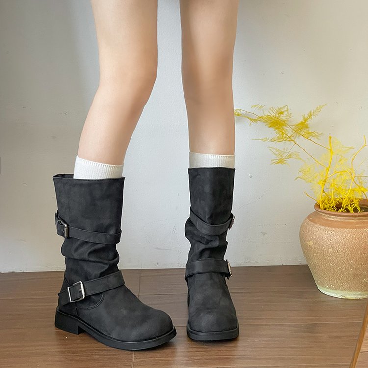 Distressed Slouchy Mid-Calf Boots | Buckle Strap