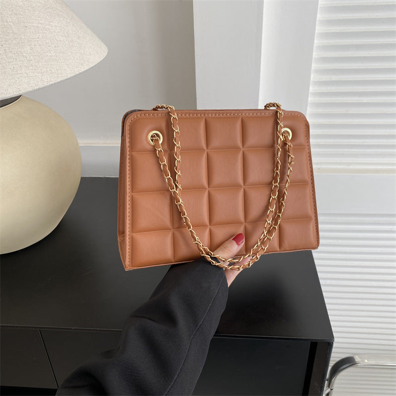 Women's Small Diamond-Pattern Embroidered Grid Shoulder Bag