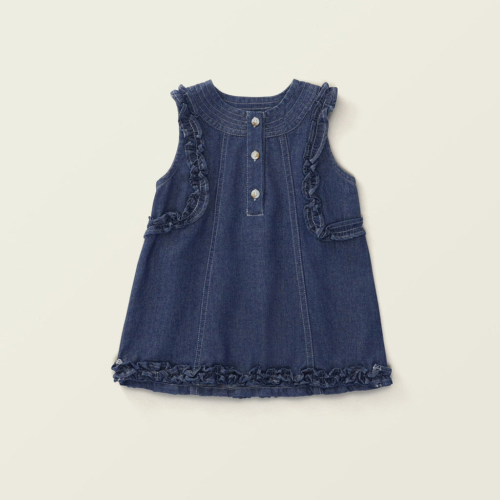 Frilly Sleeveless Denim Dress For Girls