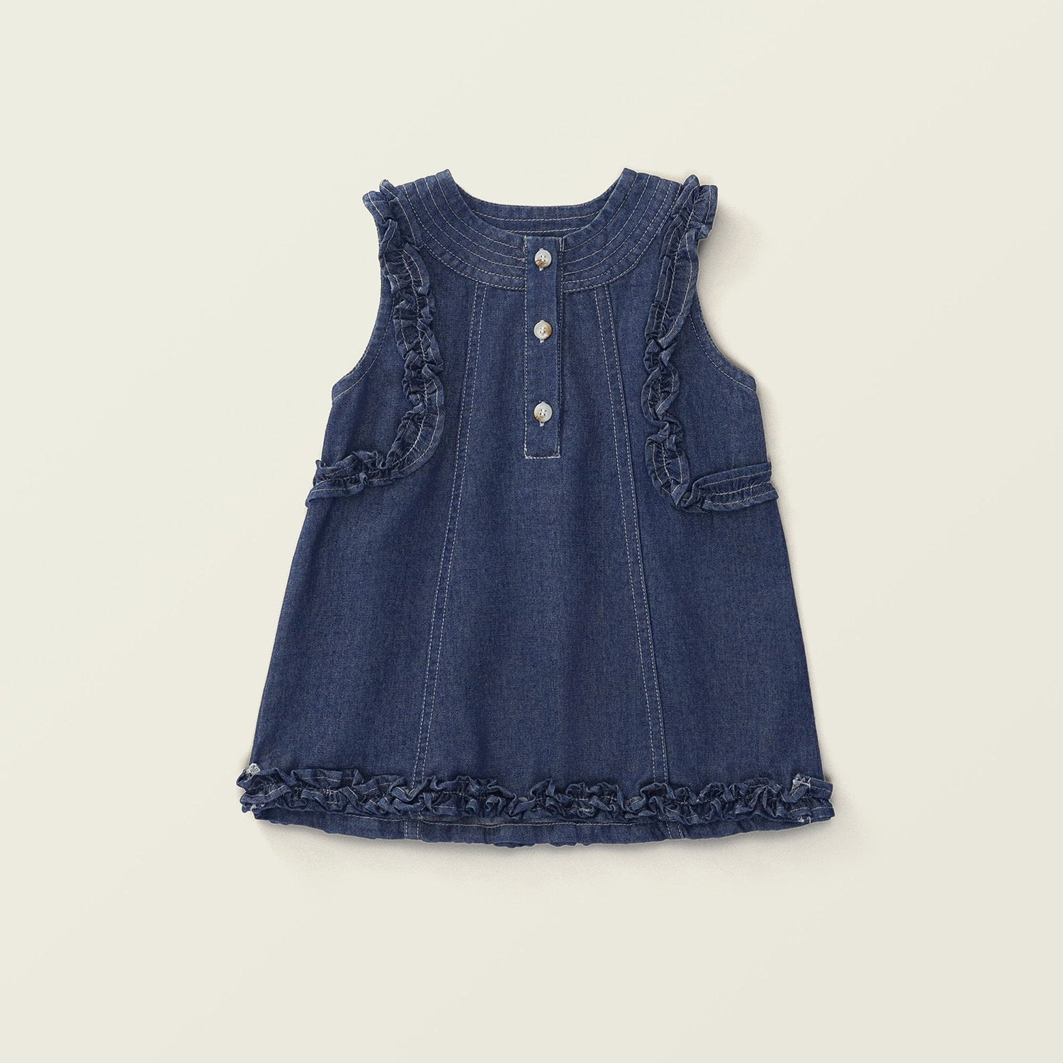 Frilly Sleeveless Denim Dress For Girls