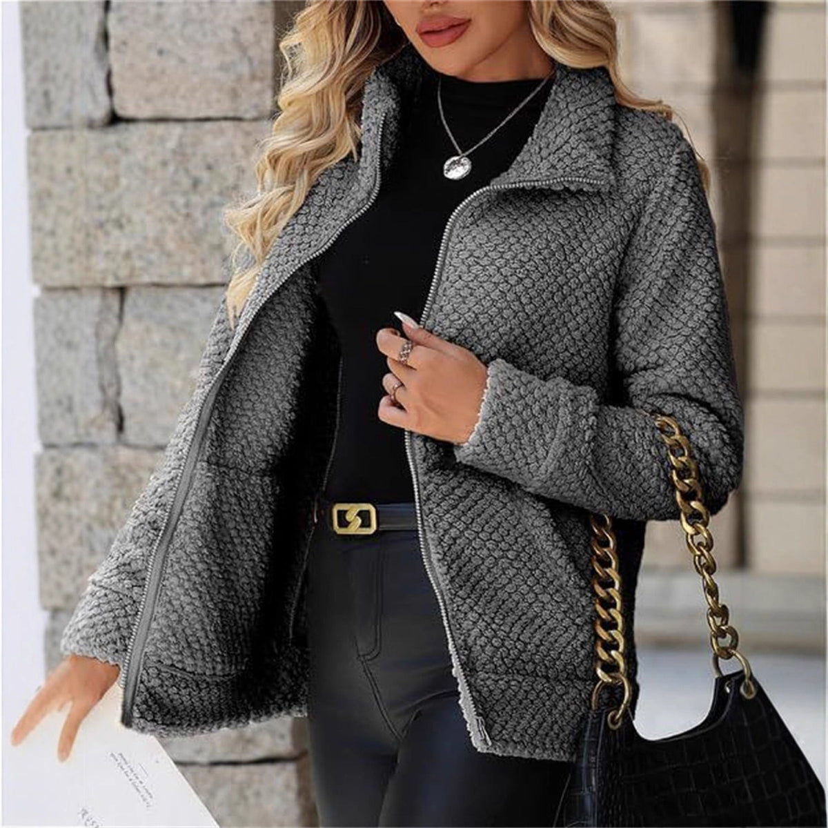Women's Fleece-Lined Zip-Up Jacket with Pocket and Lapel