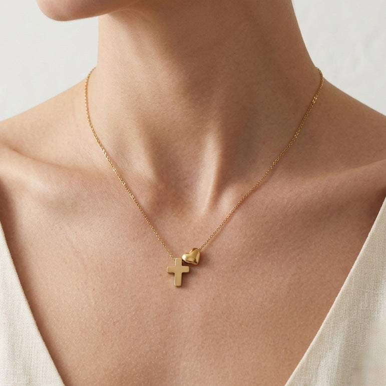 18K Gold Stainless Steel Clavicle Chain with Heart Pendant and Diamond-encrusted Cross