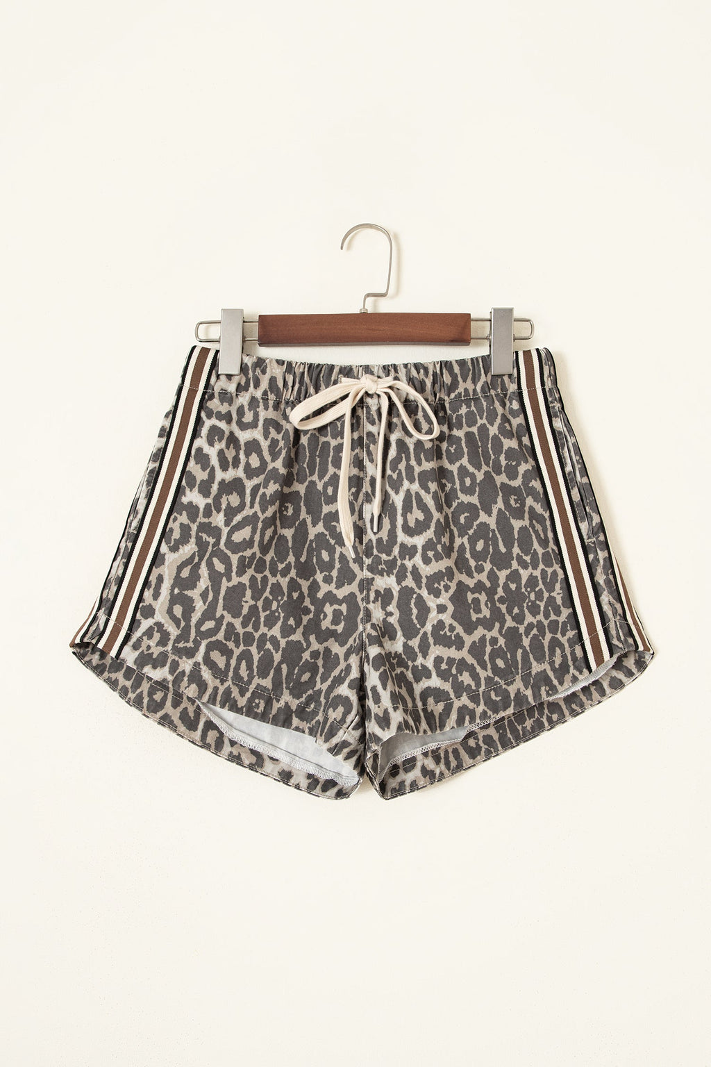 Leopard Stripe Detail Drawstring Denim Shorts
