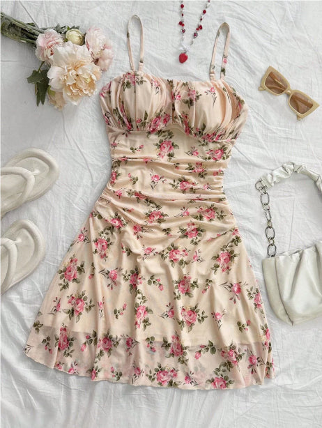 Boho Floral Spaghetti Strap Mini Dress – Ruche Ruffle Hem