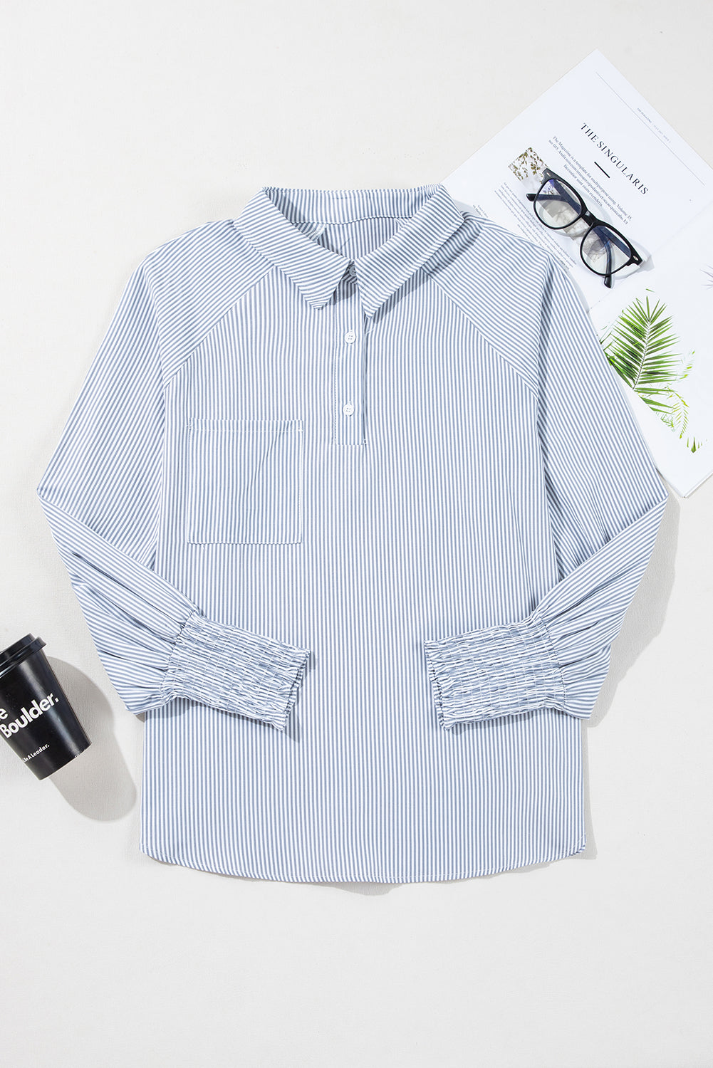 Stripe Buttoned Collar Long Sleeve Blouse
