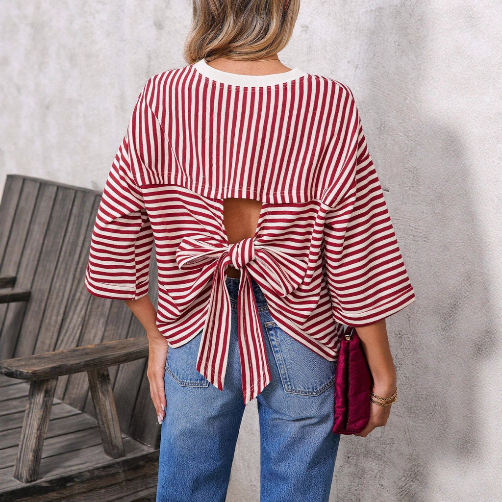 Women's Striped Back Tie-Bow Pullover Top – Round Neck 3/4 Sleeve