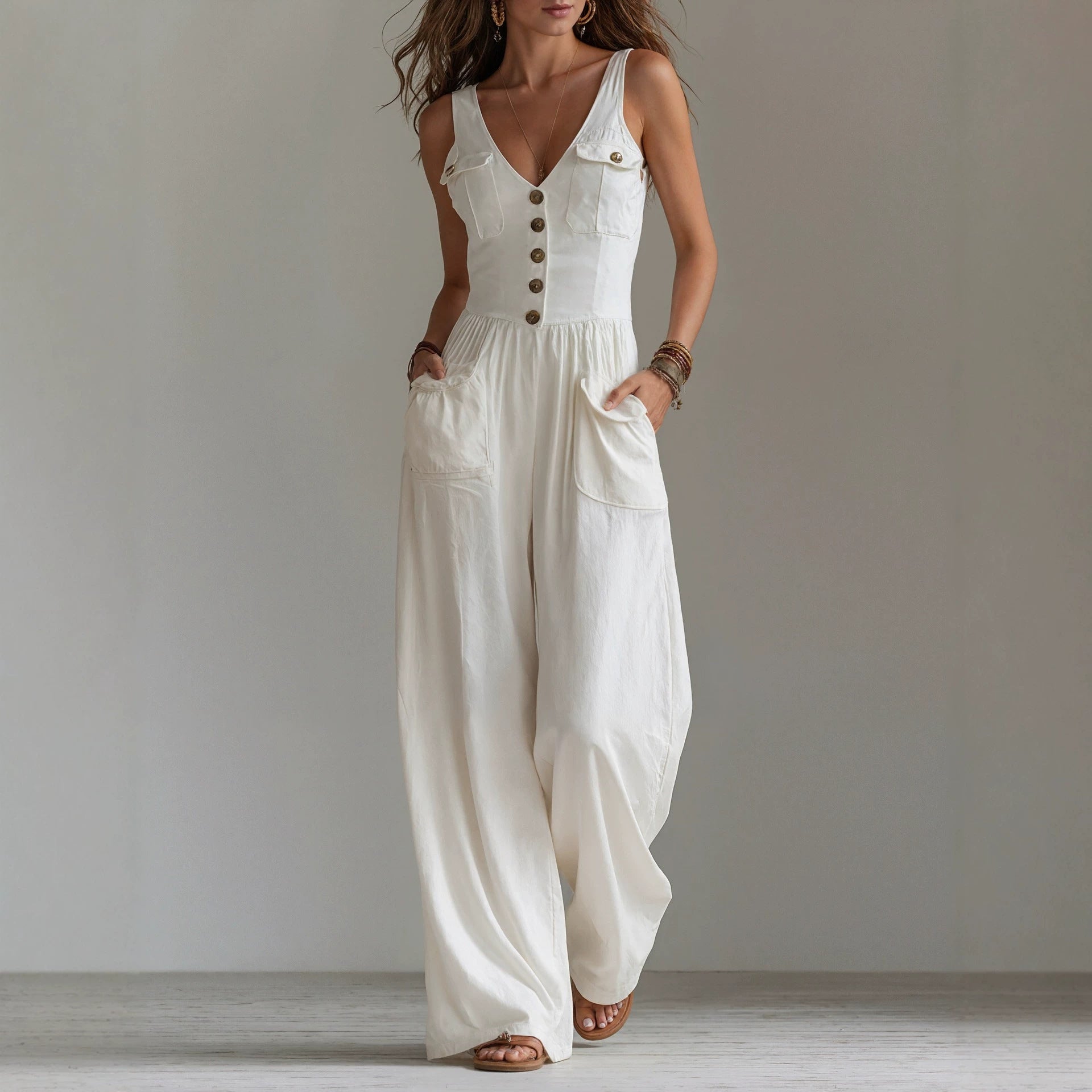 Women's Sleeveless V-Neck High Waist Jumpsuit with Pockets