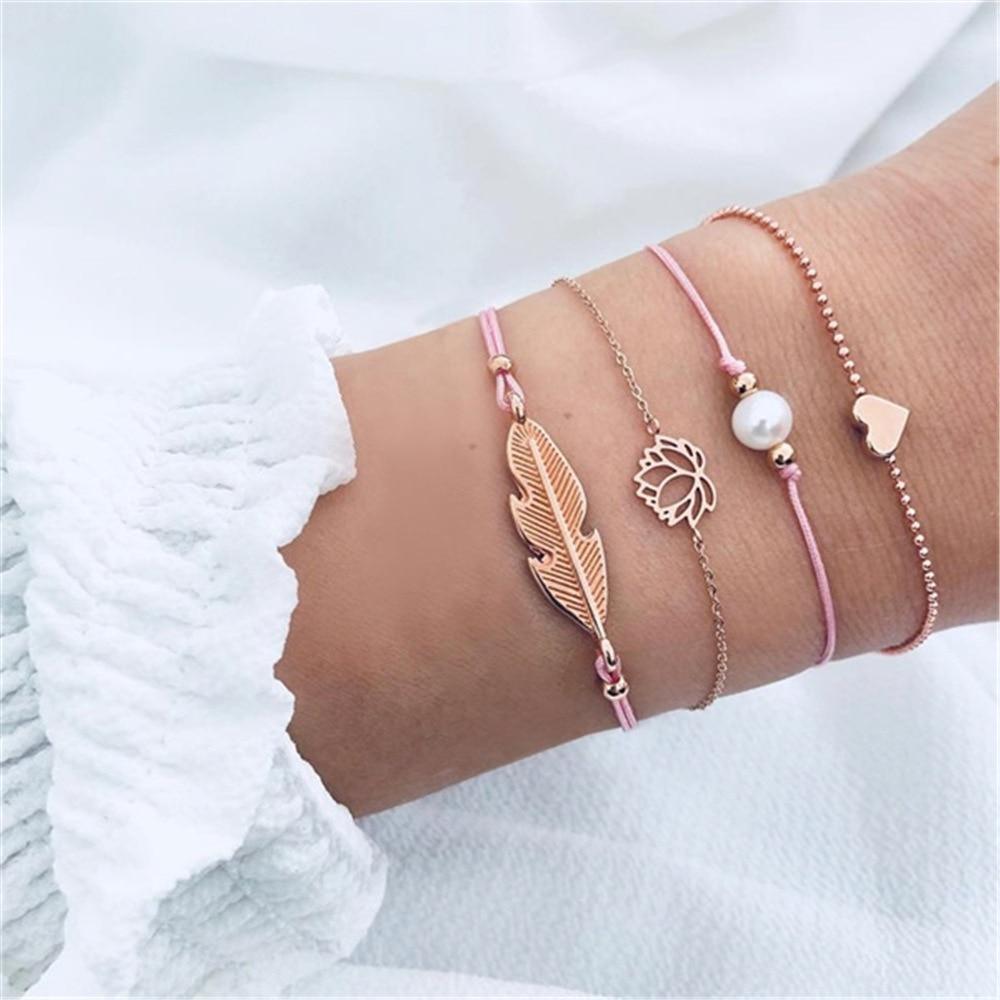 Fashion Leaf Round Knot Cuff Bangle Gold Chain Charm Bracelet for Women