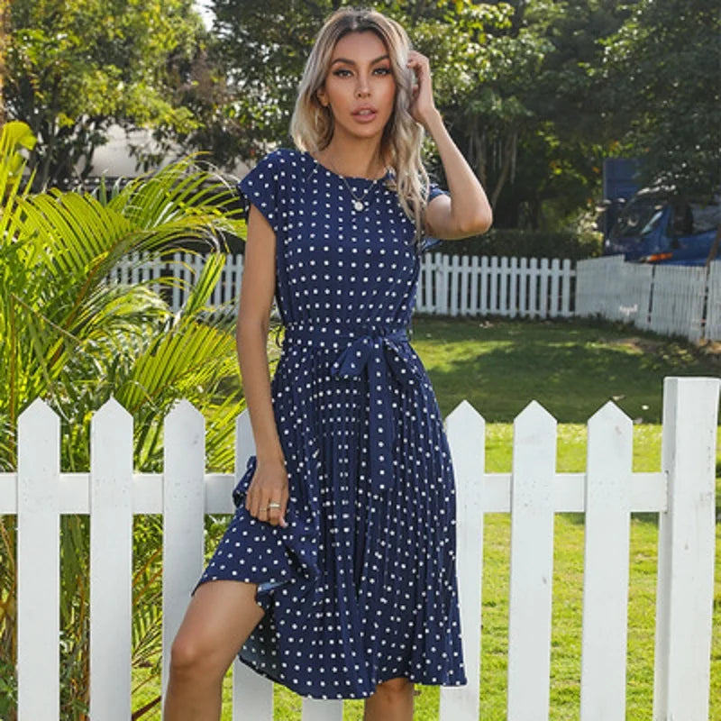 Polka Dots Sleeveless Pleated Dresses for Women