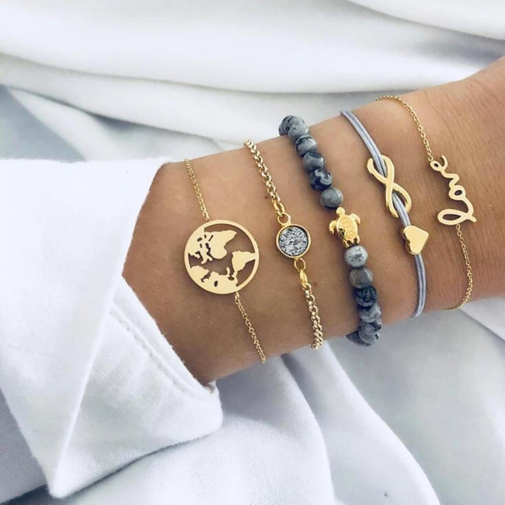 Fashion Leaf Round Knot Cuff Bangle Gold Chain Charm Bracelet for Women