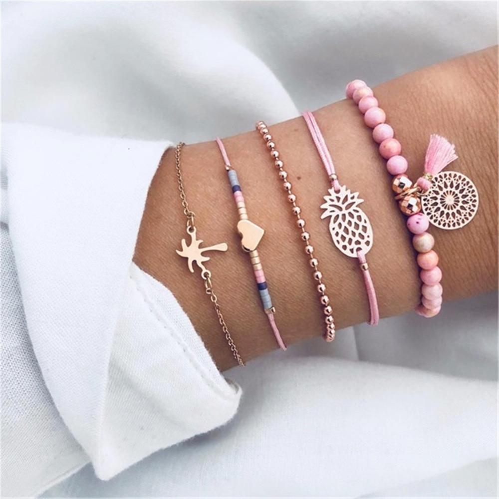 Fashion Leaf Round Knot Cuff Bangle Gold Chain Charm Bracelet for Women