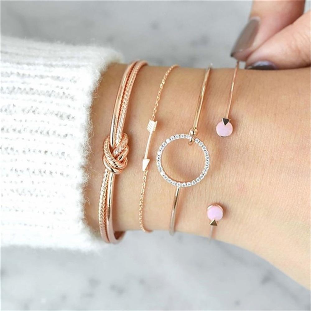 Fashion Leaf Round Knot Cuff Bangle Gold Chain Charm Bracelet for Women