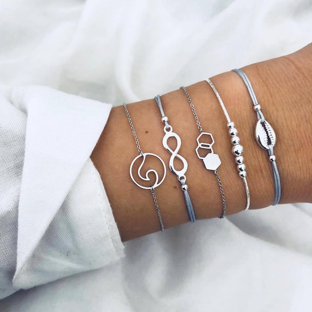 Fashion Leaf Round Knot Cuff Bangle Gold Chain Charm Bracelet for Women