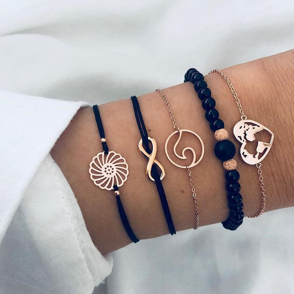 Fashion Leaf Round Knot Cuff Bangle Gold Chain Charm Bracelet for Women