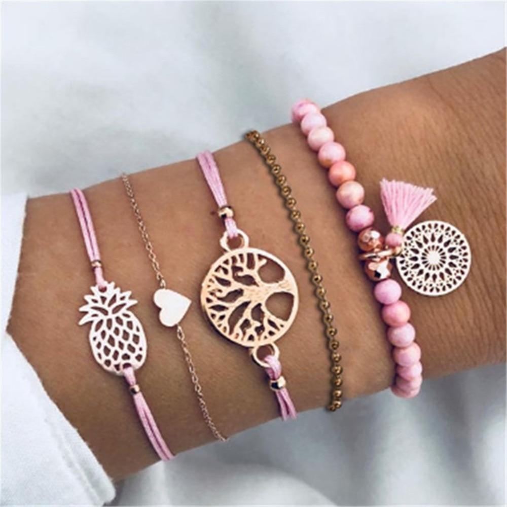 Fashion Leaf Round Knot Cuff Bangle Gold Chain Charm Bracelet for Women