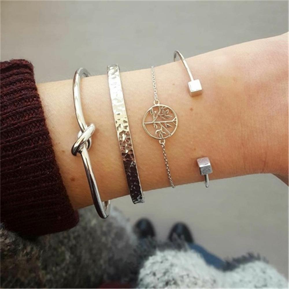 Fashion Leaf Round Knot Cuff Bangle Gold Chain Charm Bracelet for Women
