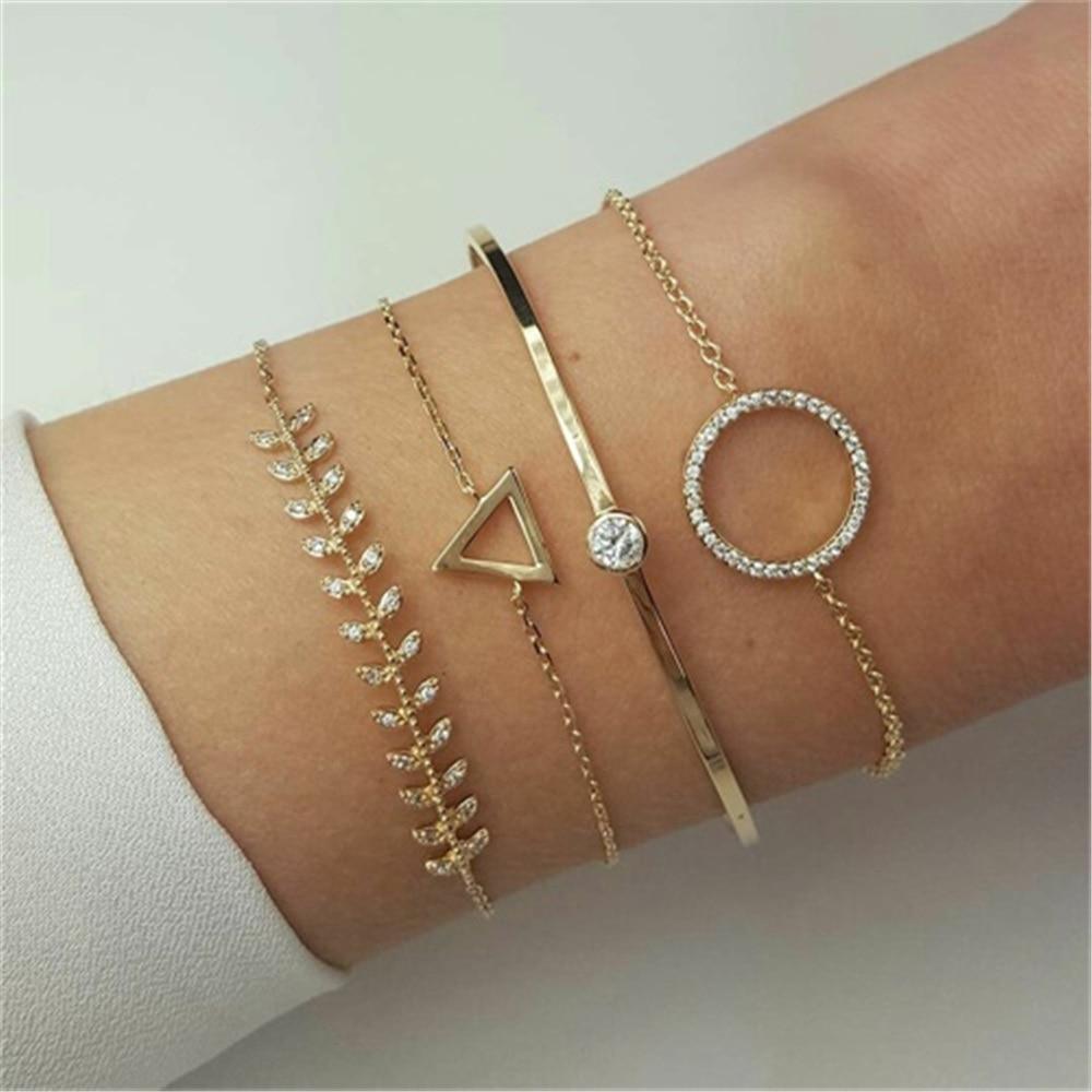 Fashion Leaf Round Knot Cuff Bangle Gold Chain Charm Bracelet for Women