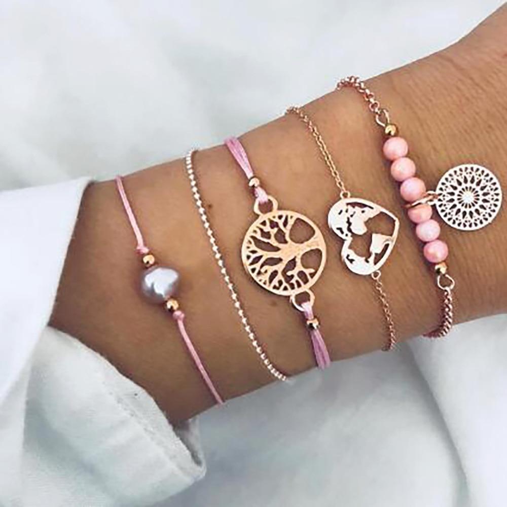 Fashion Leaf Round Knot Cuff Bangle Gold Chain Charm Bracelet for Women