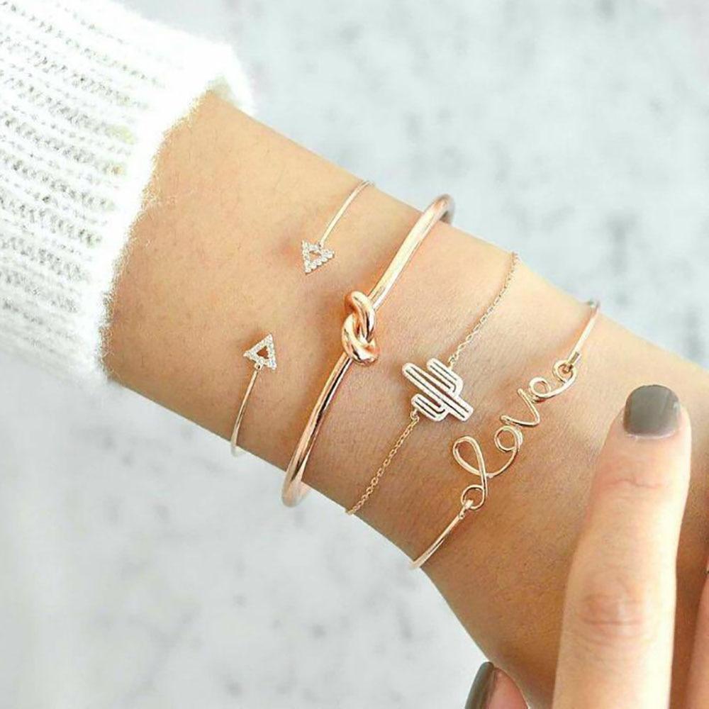 Fashion Leaf Round Knot Cuff Bangle Gold Chain Charm Bracelet for Women
