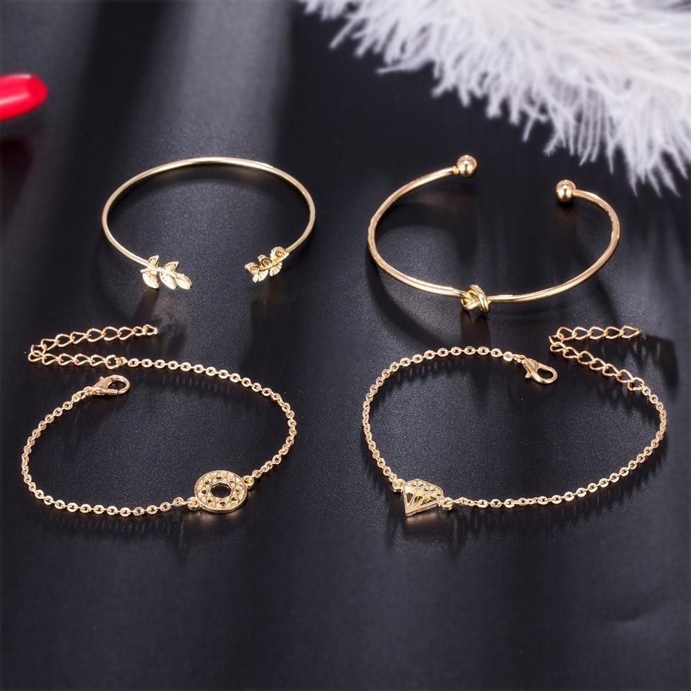 Fashion Leaf Round Knot Cuff Bangle Gold Chain Charm Bracelet for Women