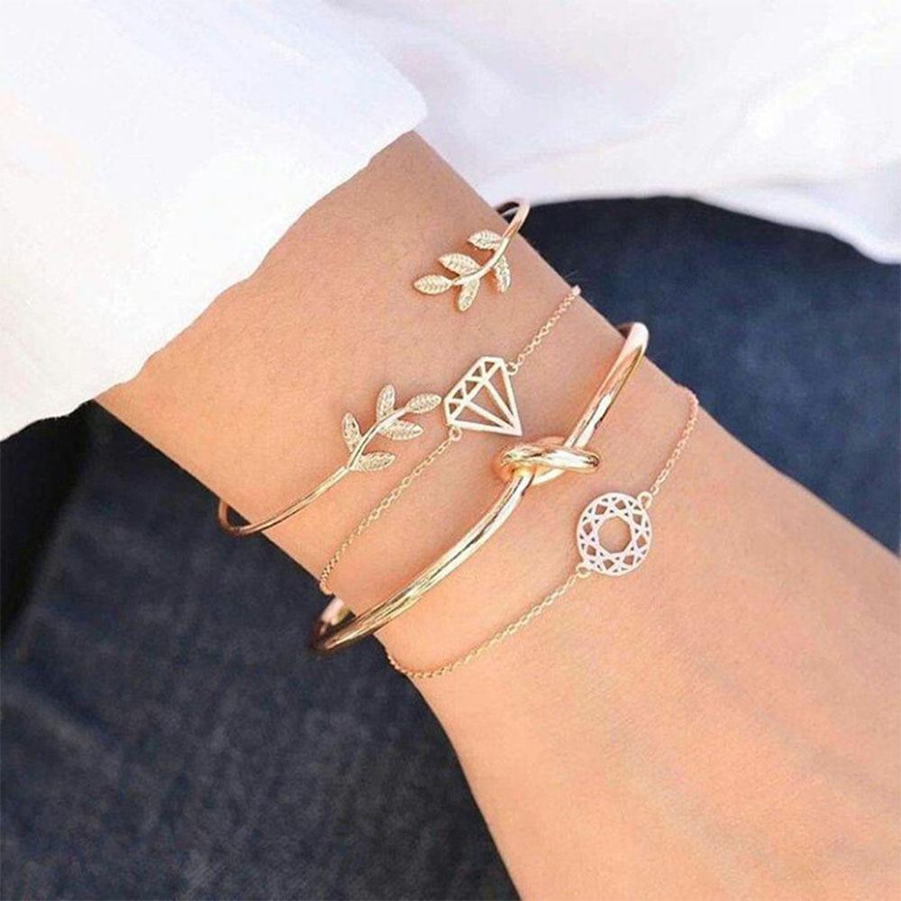 Fashion Leaf Round Knot Cuff Bangle Gold Chain Charm Bracelet for Women