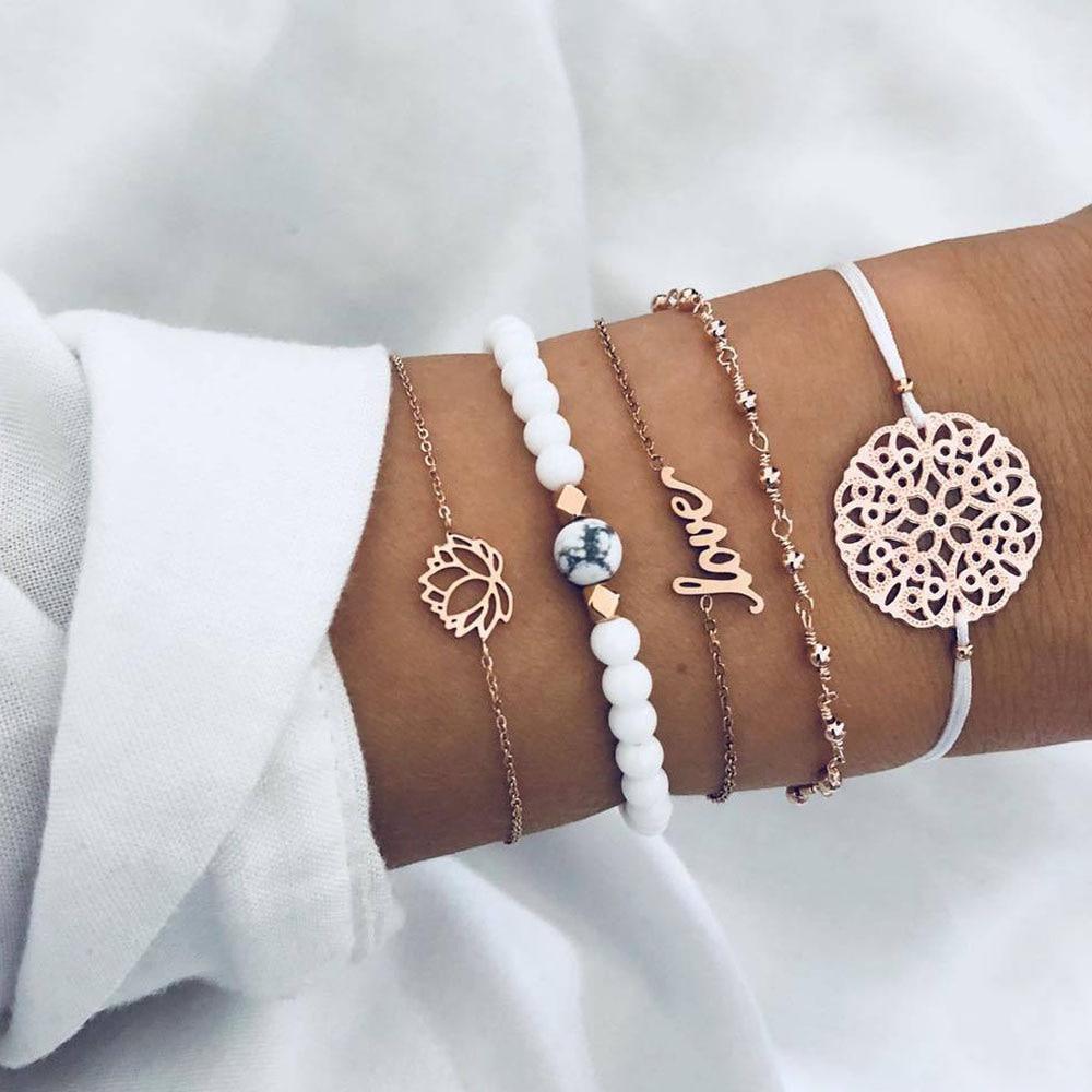 Fashion Leaf Round Knot Cuff Bangle Gold Chain Charm Bracelet for Women