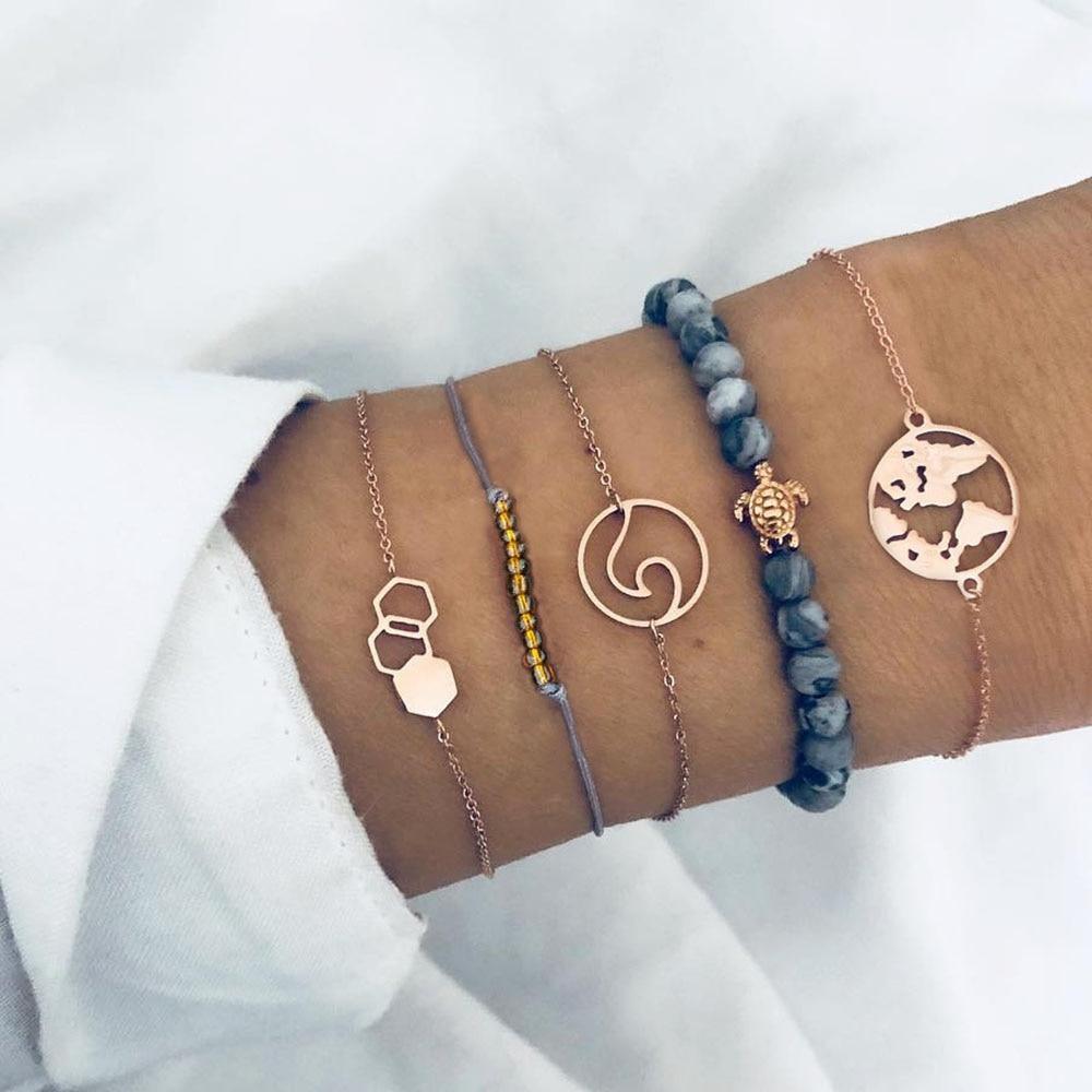 Fashion Leaf Round Knot Cuff Bangle Gold Chain Charm Bracelet for Women