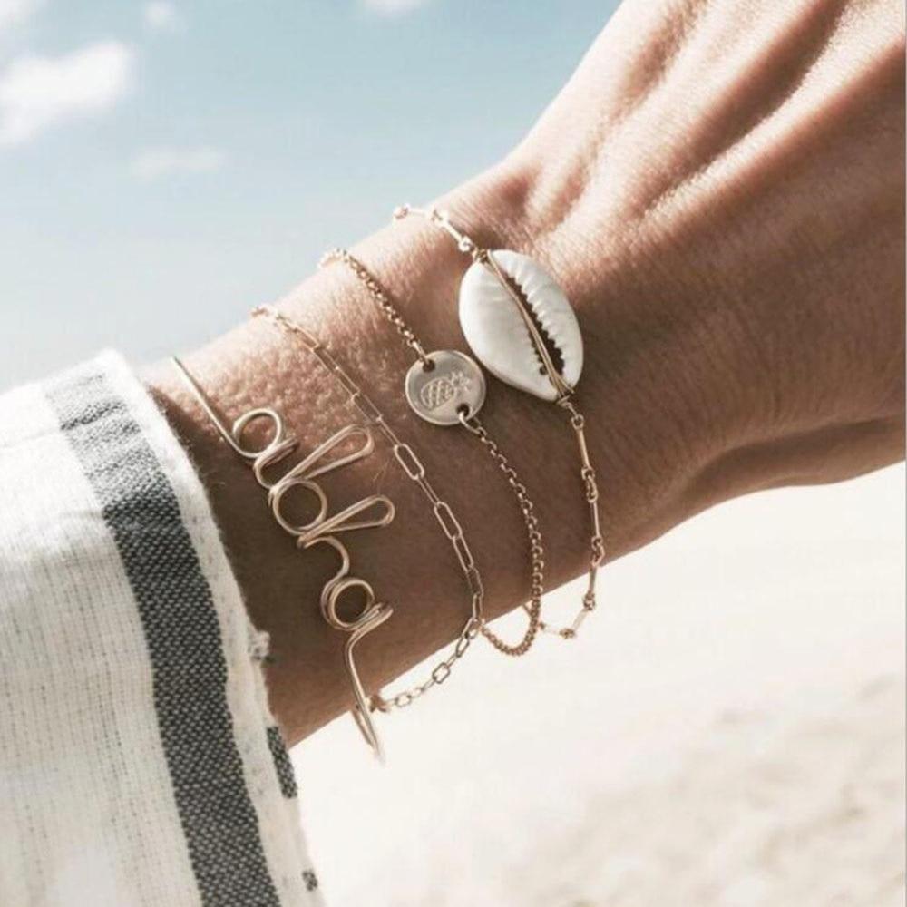 Fashion Leaf Round Knot Cuff Bangle Gold Chain Charm Bracelet for Women