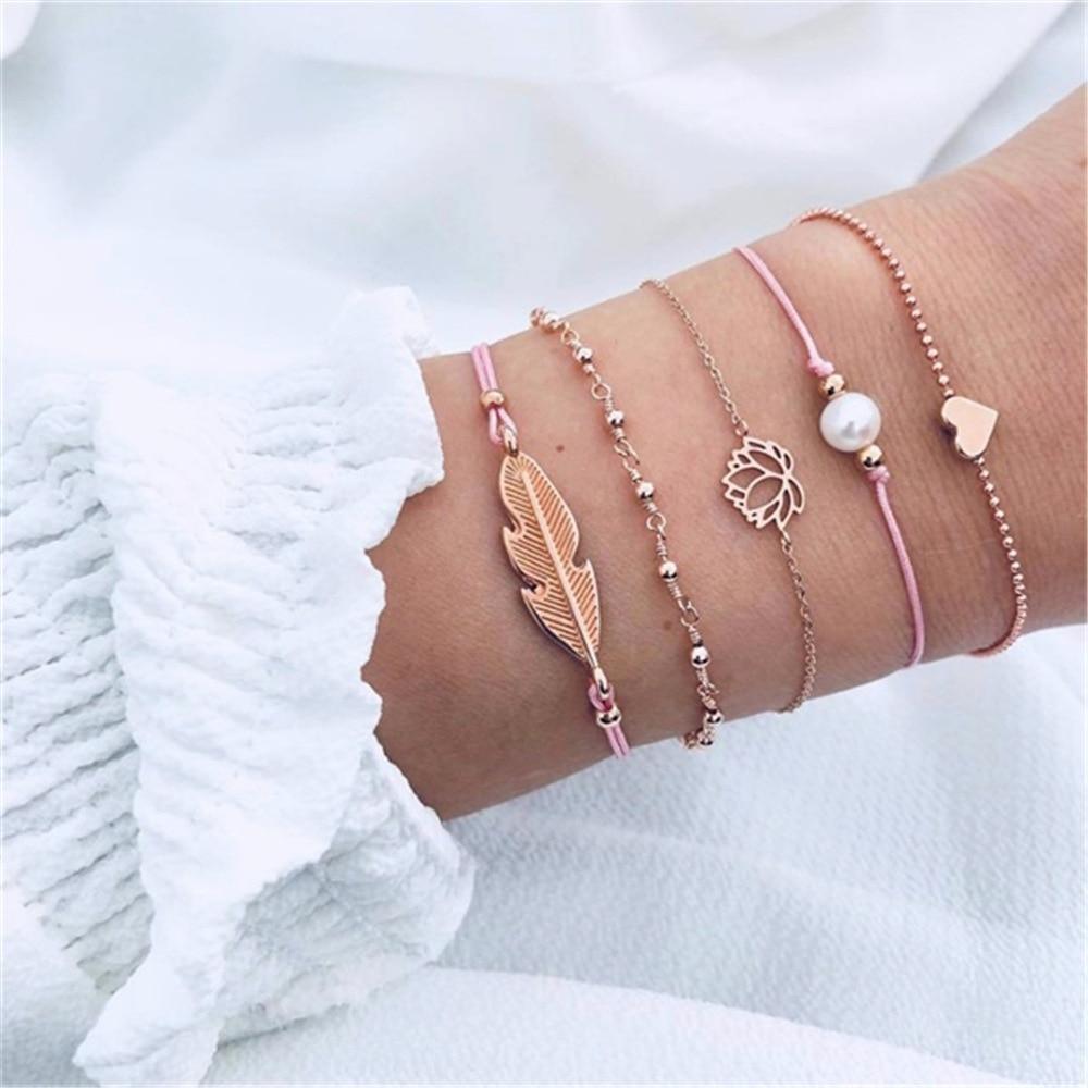 Fashion Leaf Round Knot Cuff Bangle Gold Chain Charm Bracelet for Women