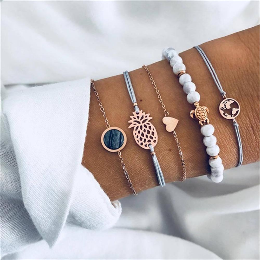 Fashion Leaf Round Knot Cuff Bangle Gold Chain Charm Bracelet for Women