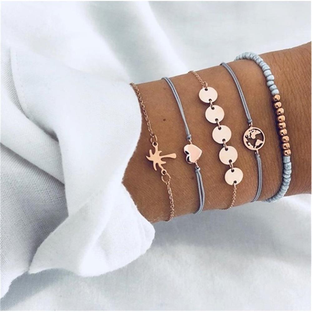 Fashion Leaf Round Knot Cuff Bangle Gold Chain Charm Bracelet for Women
