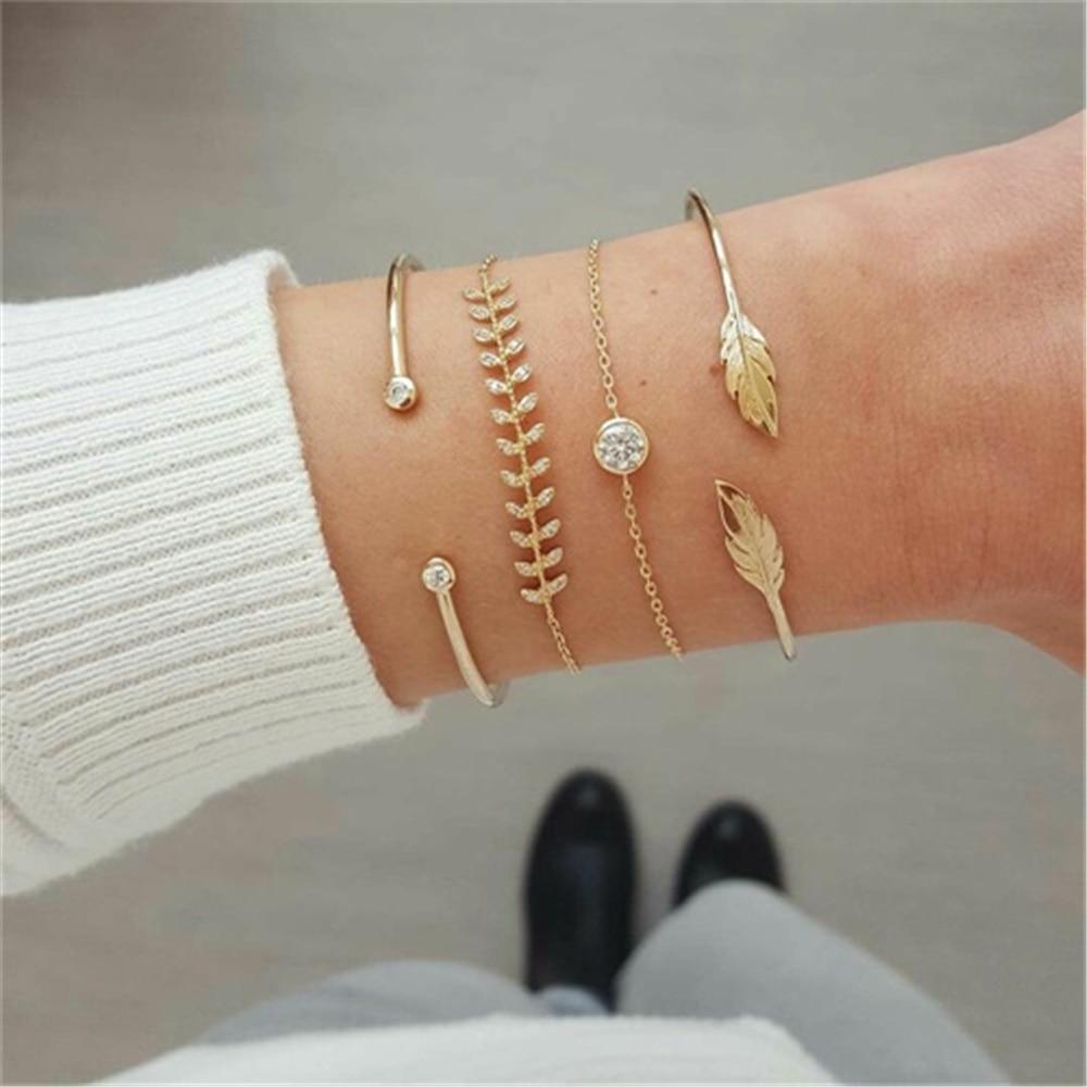 Fashion Leaf Round Knot Cuff Bangle Gold Chain Charm Bracelet for Women