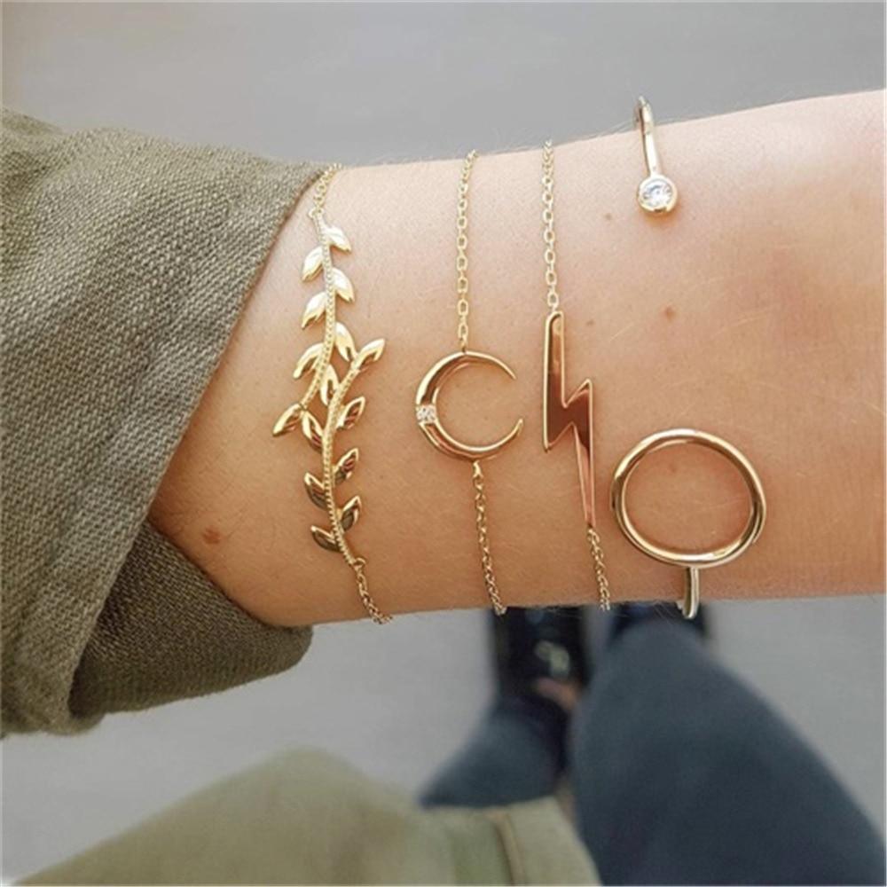 Fashion Leaf Round Knot Cuff Bangle Gold Chain Charm Bracelet for Women