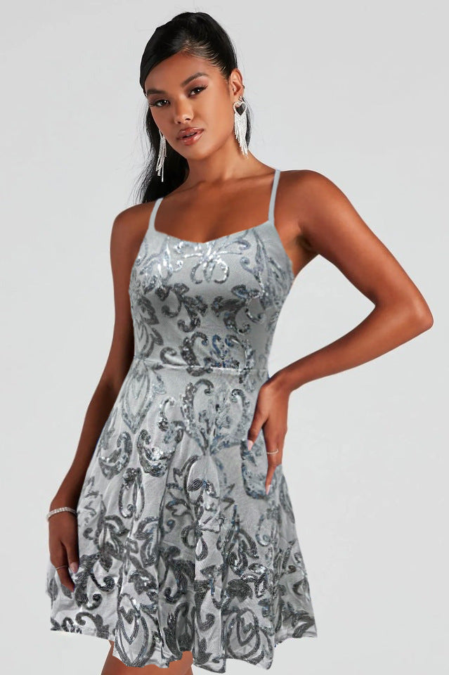 Women Sequin Mini Dress Cocktail Party Strap Dress