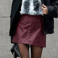 Classic Wine Red Fleece lined Matte Leather High Waist Fall Winter Skirt