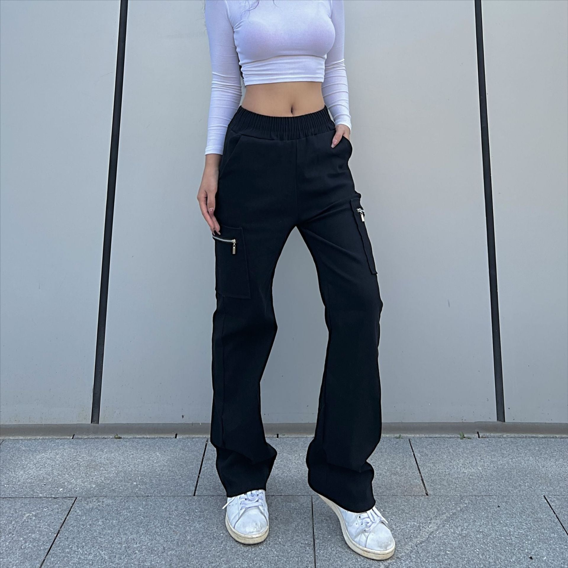 Women's Cargo Pants Pocket Zipper Trousers Loose Street Straight Leg Pants Mop Trousers
