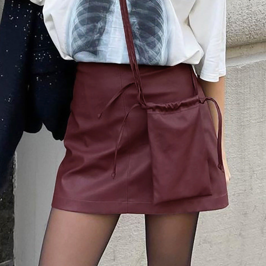 Classic Wine Red Fleece lined Matte Leather High Waist Fall Winter Skirt
