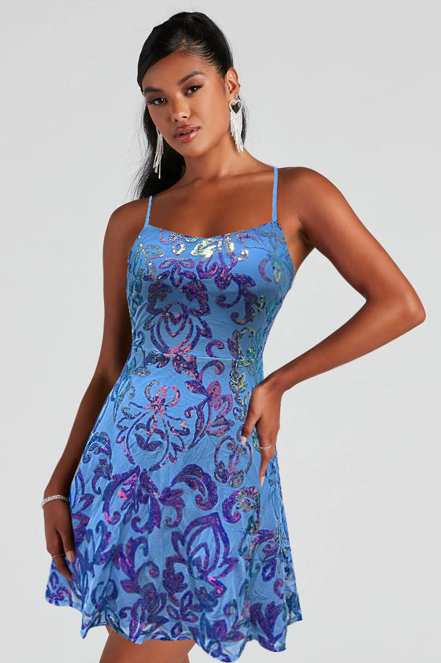 Women Sequin Mini Dress Cocktail Party Strap Dress
