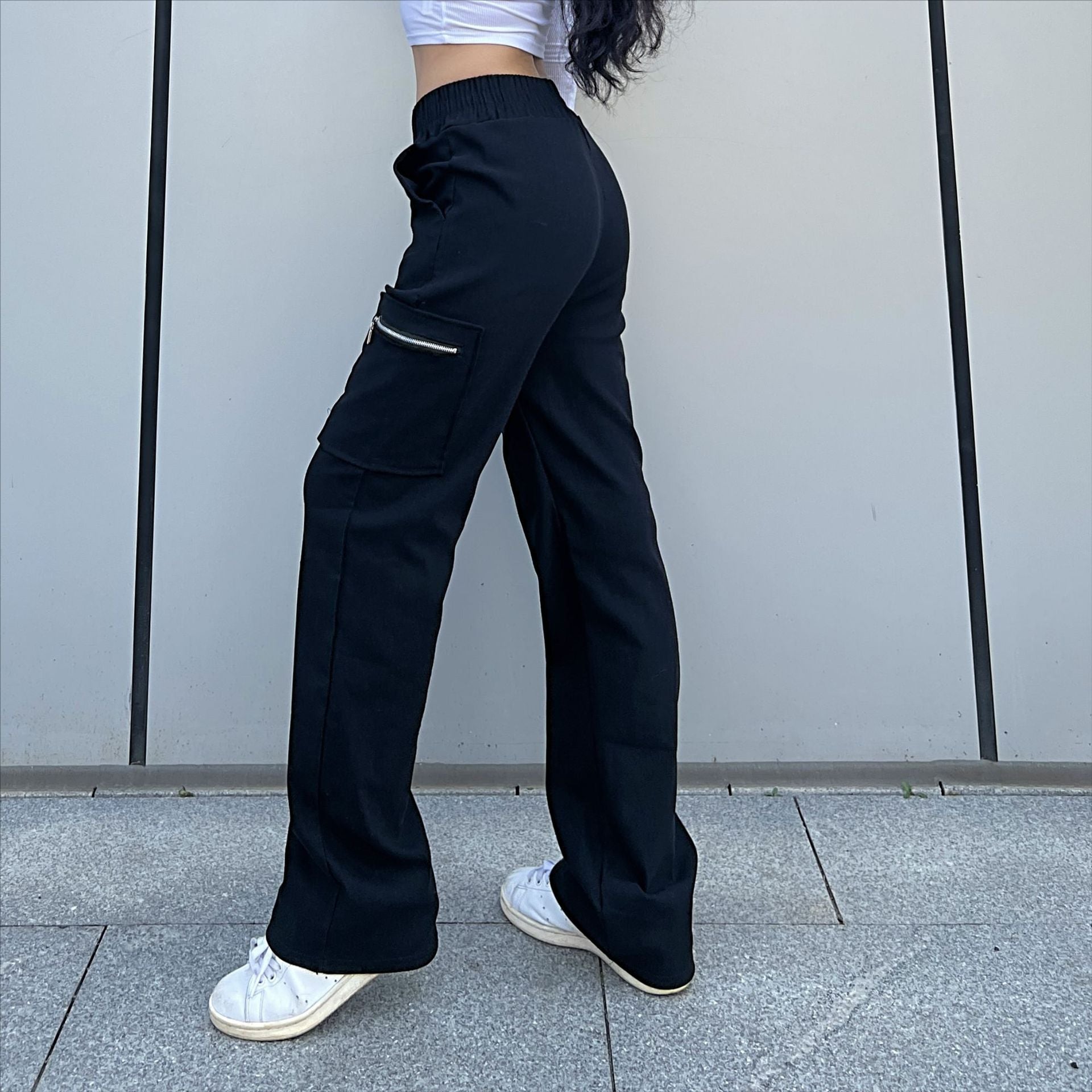 Women's Cargo Pants Pocket Zipper Trousers Loose Street Straight Leg Pants Mop Trousers