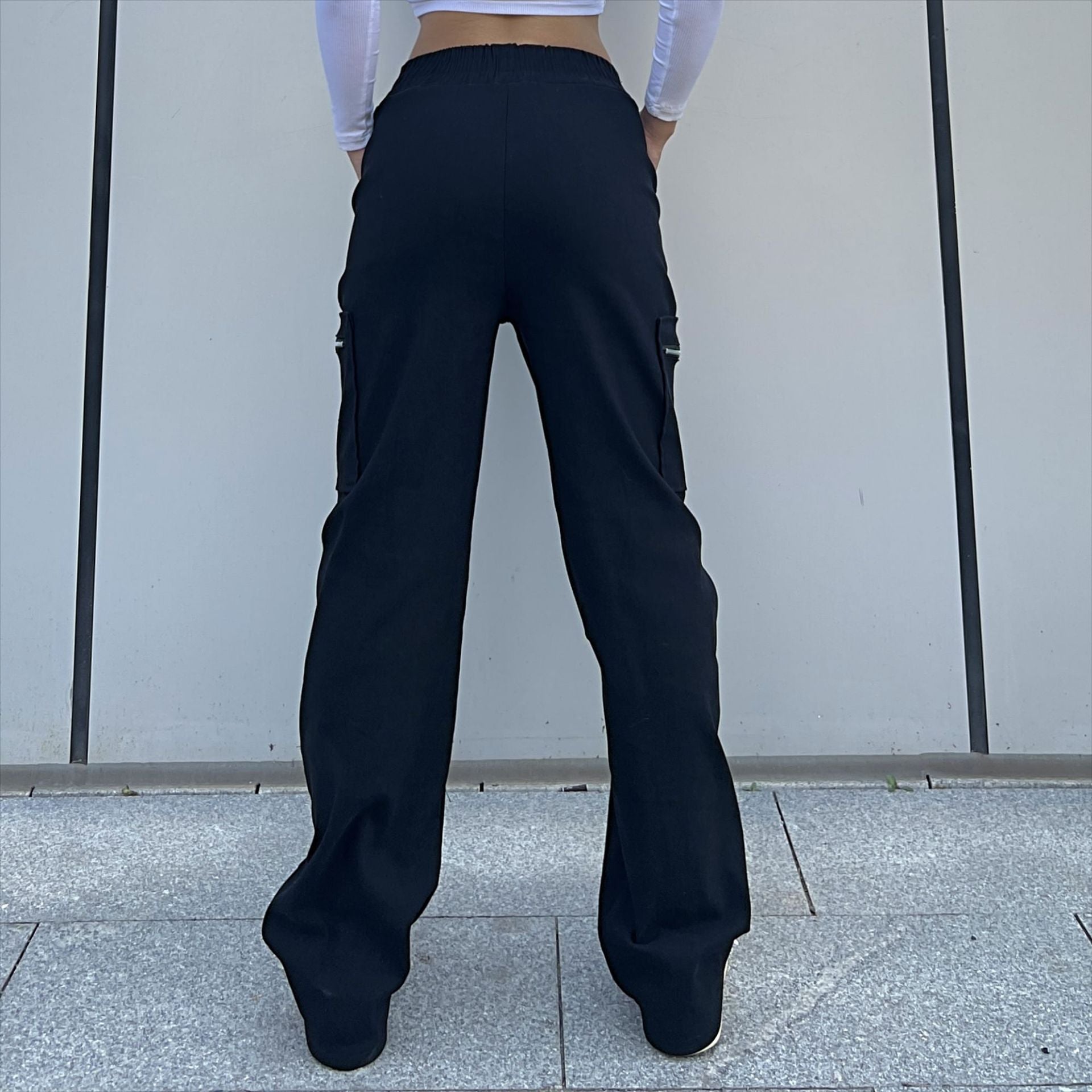 Women's Cargo Pants Pocket Zipper Trousers Loose Street Straight Leg Pants Mop Trousers