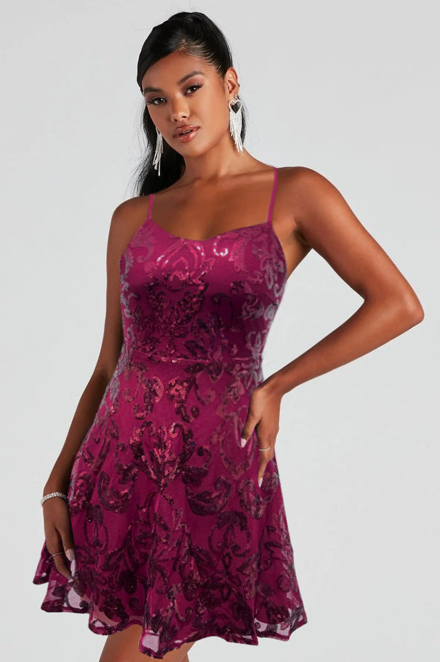 Women Sequin Mini Dress Cocktail Party Strap Dress