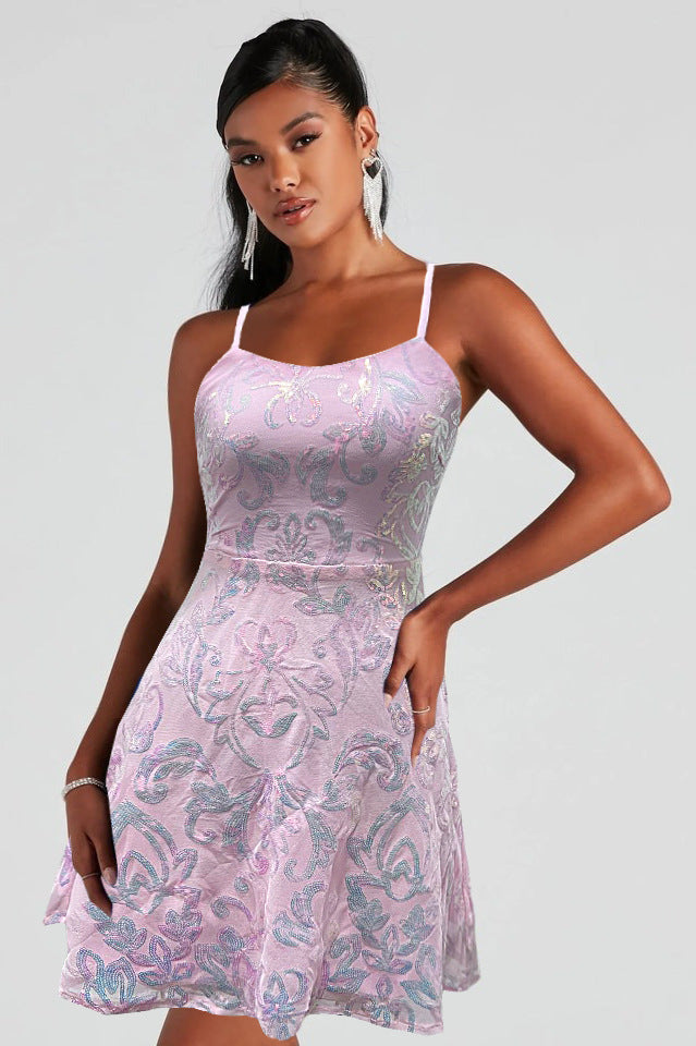 Women Sequin Mini Dress Cocktail Party Strap Dress