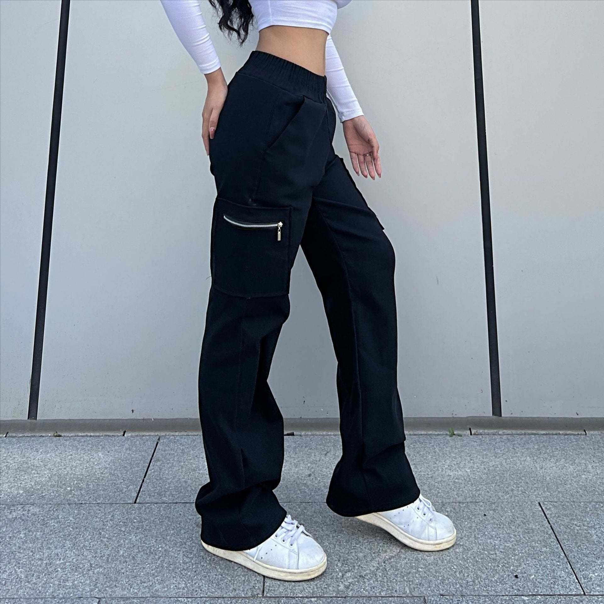 Women's Cargo Pants Pocket Zipper Trousers Loose Street Straight Leg Pants Mop Trousers