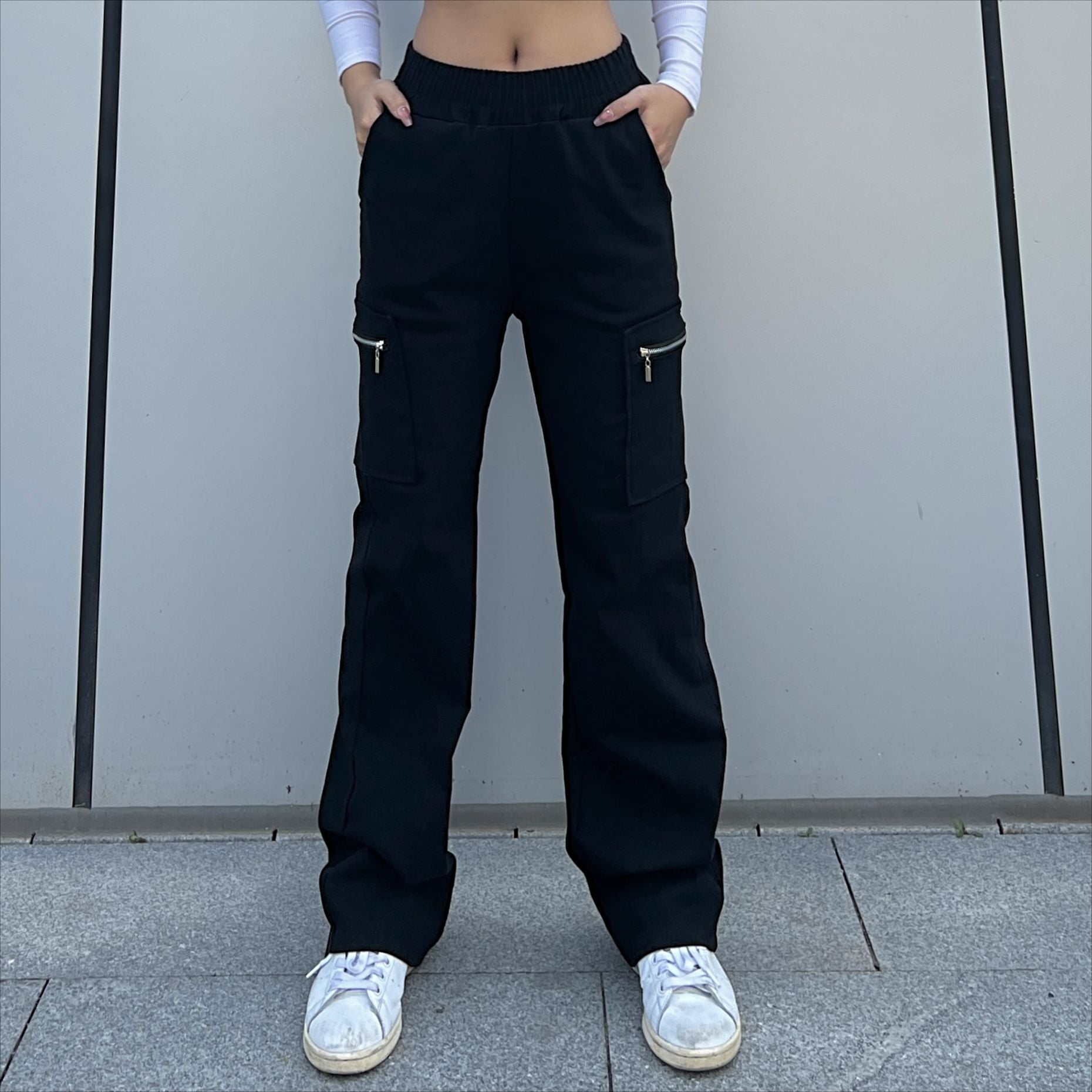 Women's Cargo Pants Pocket Zipper Trousers Loose Street Straight Leg Pants Mop Trousers
